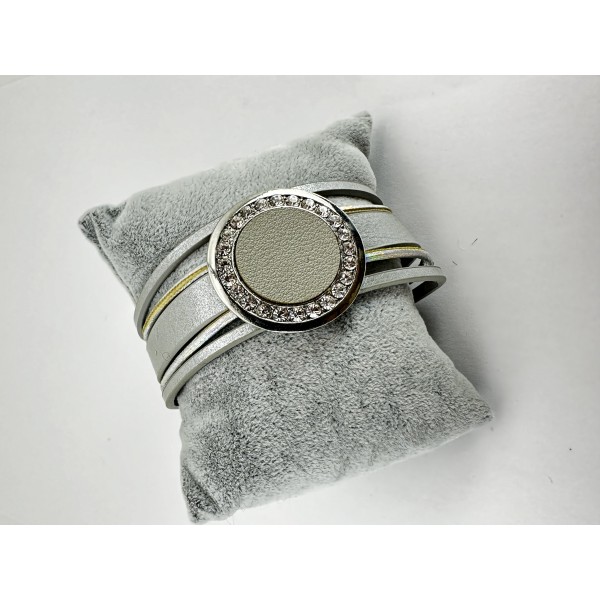 Gri Deri Yuvarlak Taşlı Bileklik